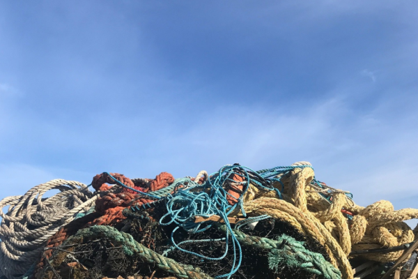 A pile of nets and ropes awaiting sorting at the Marine Recycling Centre