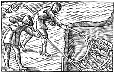 A woodcutting showing two figures pulling in a net full of fish.