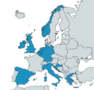 A map of Europe with Spain, Ireland, the UK, Belgium, the Netherlands, Norway, Germany, Italy, Croatia and Greece coloured blue.